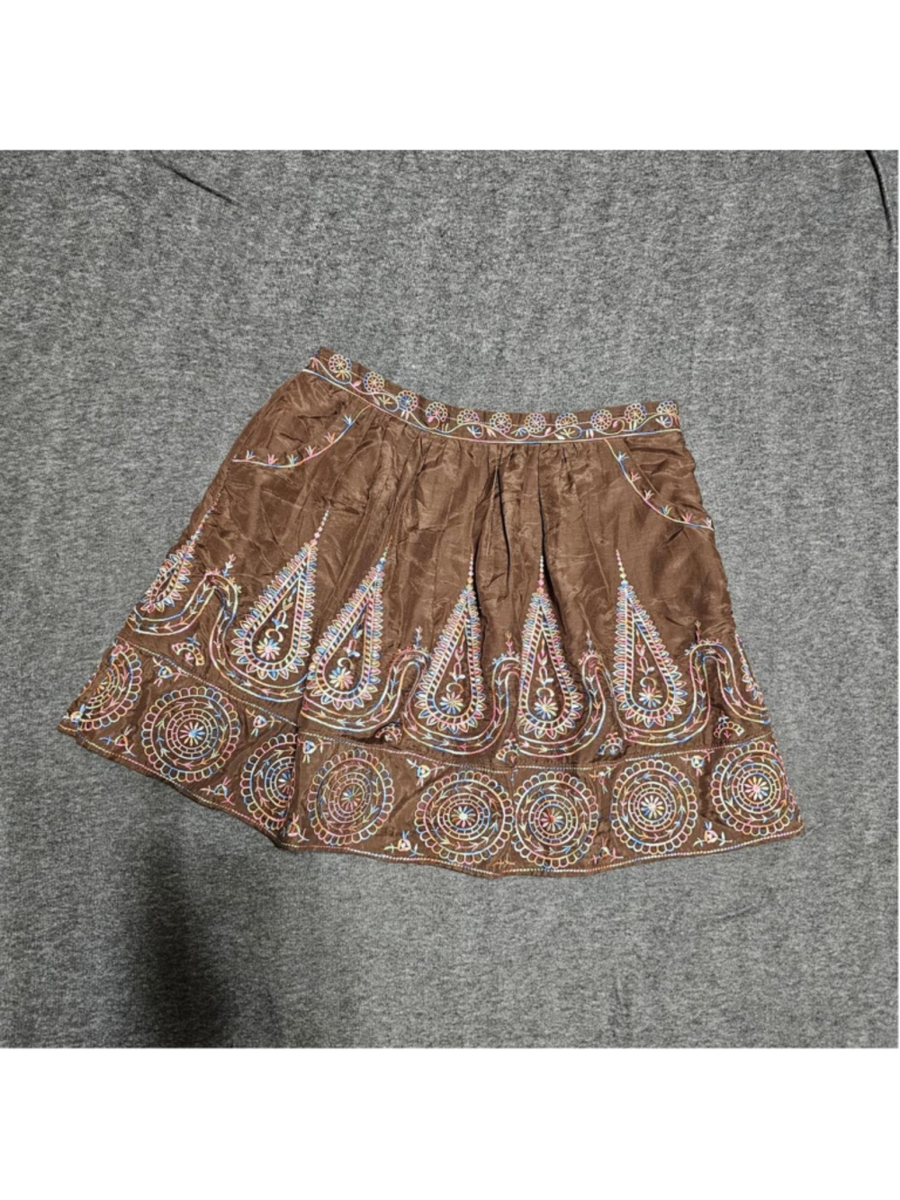 THEME NYC Brown Embroidered Paisley Boho Mini Skirt Size S Cotton Silk